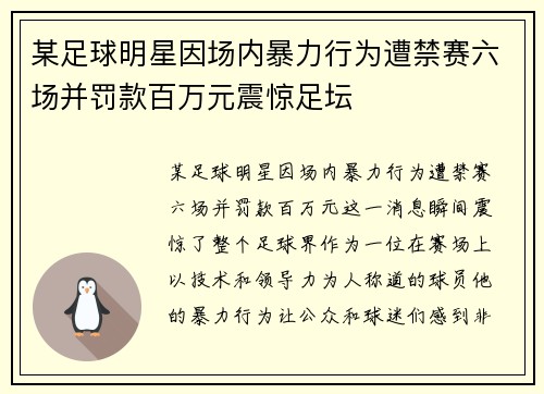 某足球明星因场内暴力行为遭禁赛六场并罚款百万元震惊足坛