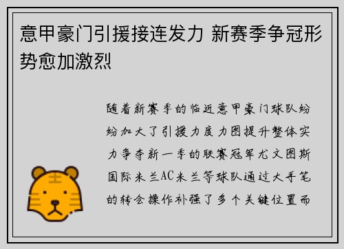 意甲豪门引援接连发力 新赛季争冠形势愈加激烈